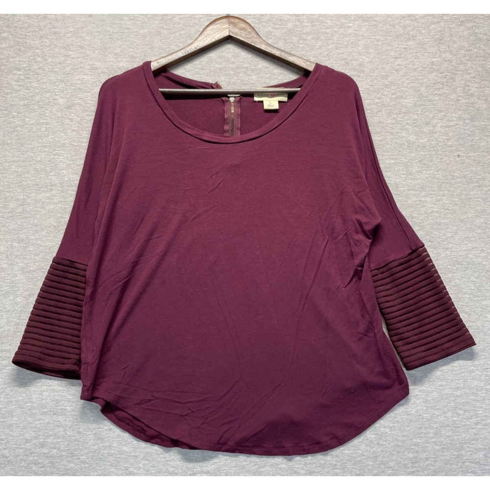 Wishful Park Blouse Top Women's Large Burgundy Curved Hem Scoop Neck Back Zip